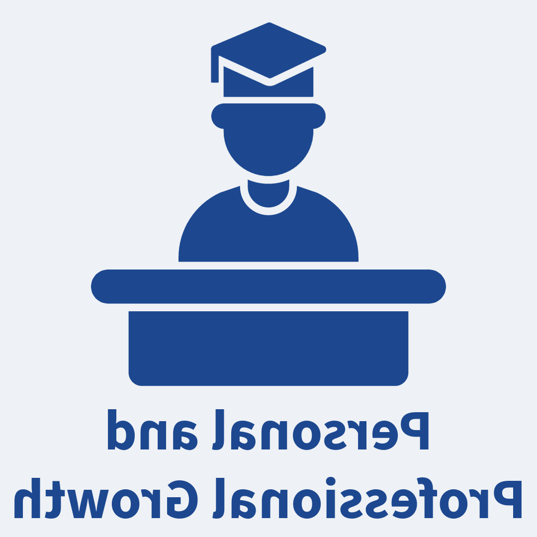 a man wearing a grad cap graphic in madonna blue with text underneath that states personal and professional growth